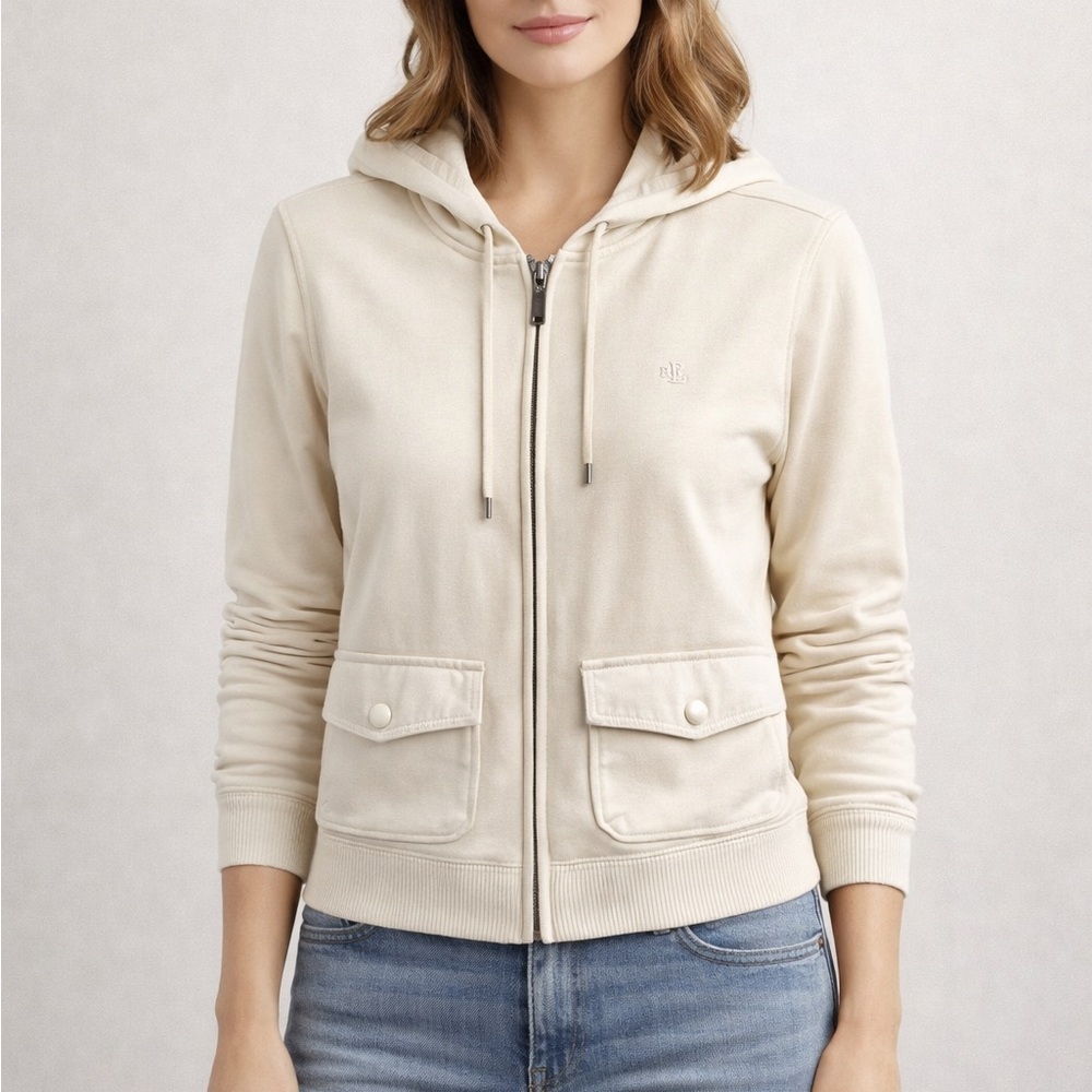 Lauren Ralph Lauren Cotton Blend Zip-Up Sweater Hoodie Size S Ivory Cream Chic